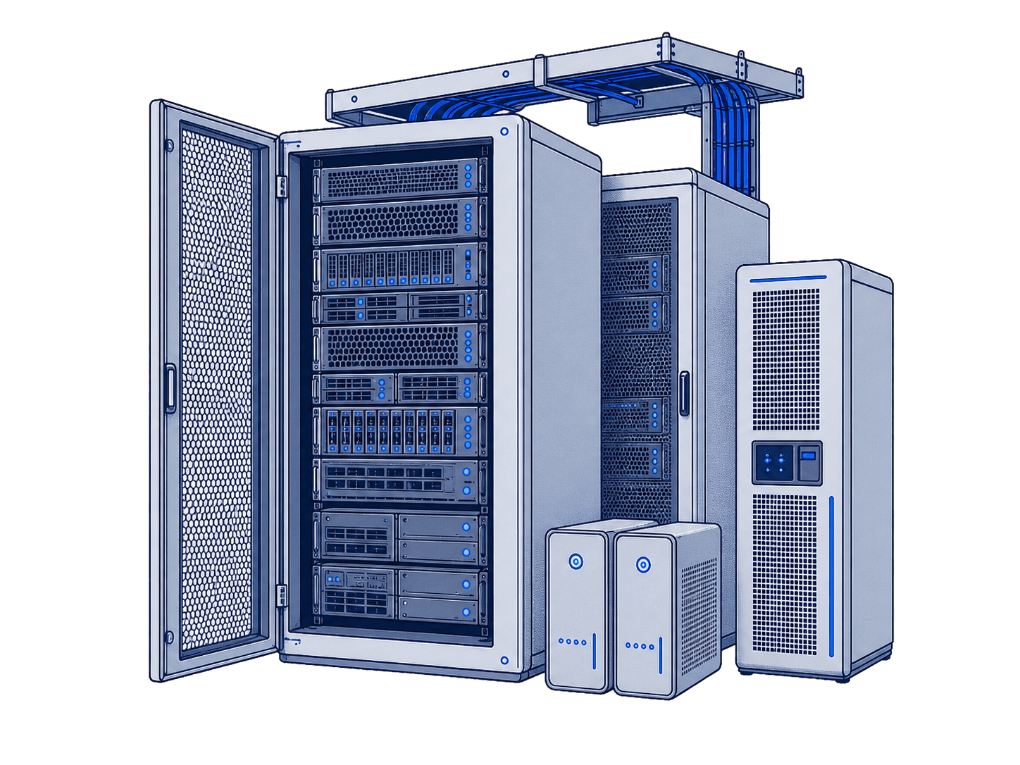Illustration of a deployed data center with server racks, cooling, redundant power and overhead cabling