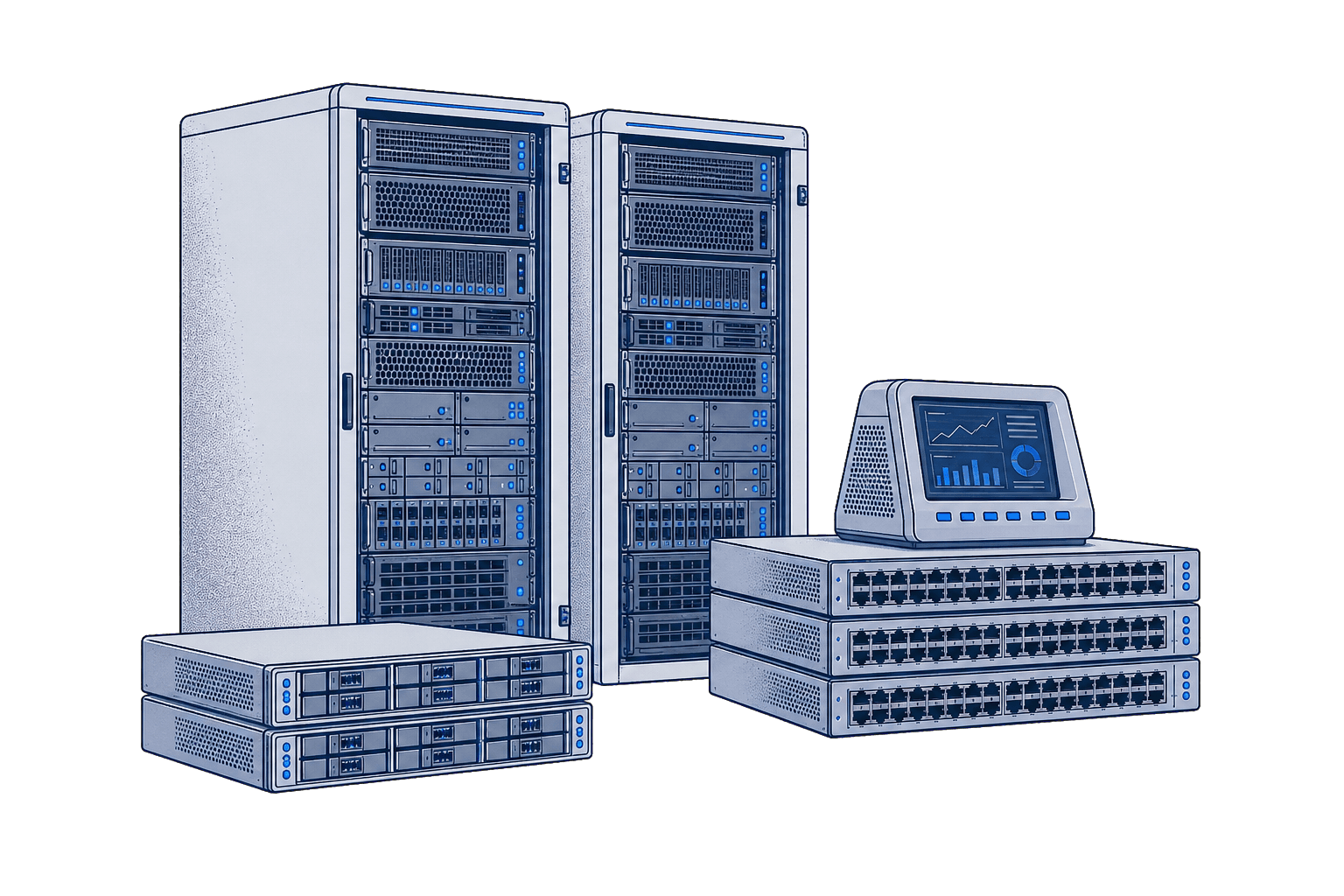 Illustration of server racks, network switches and an infrastructure monitoring console