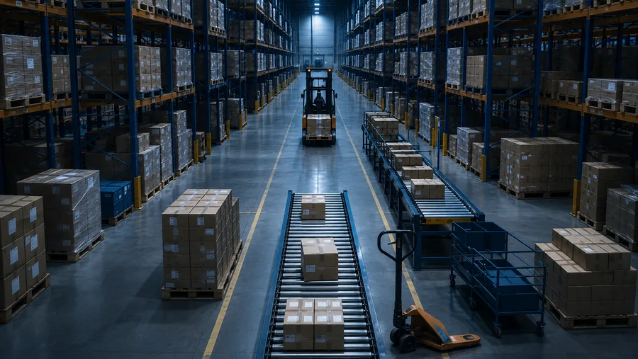 Forklift moving pallets through a warehouse aisle