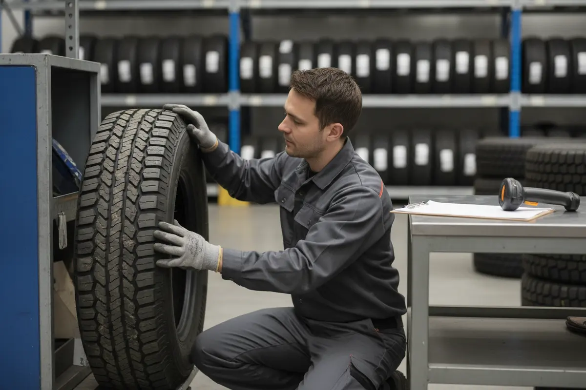 Warehouse staff member inspecting a returned tire at receiving