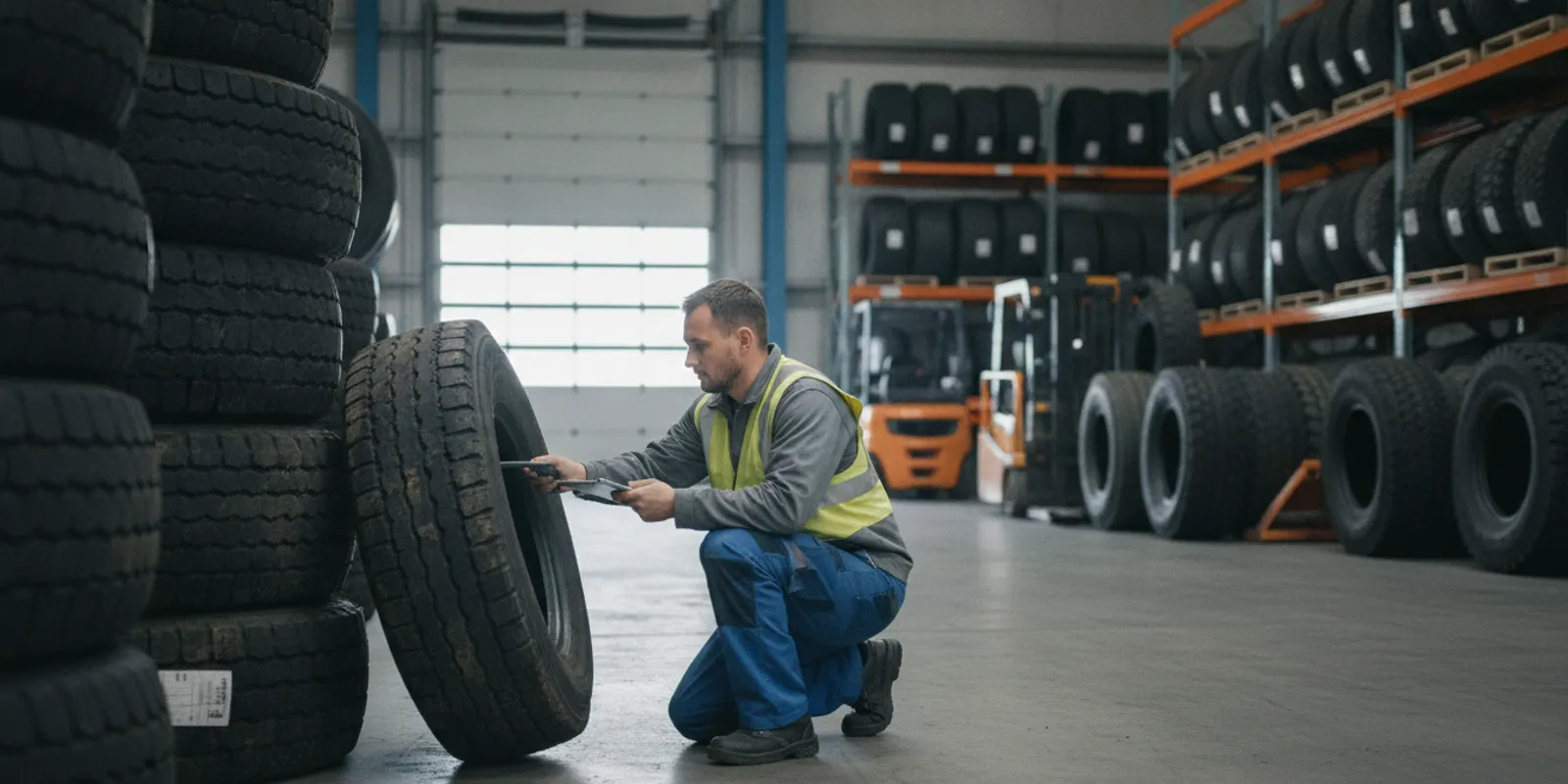 Warehouse employee checking returned tires beside a receiving area