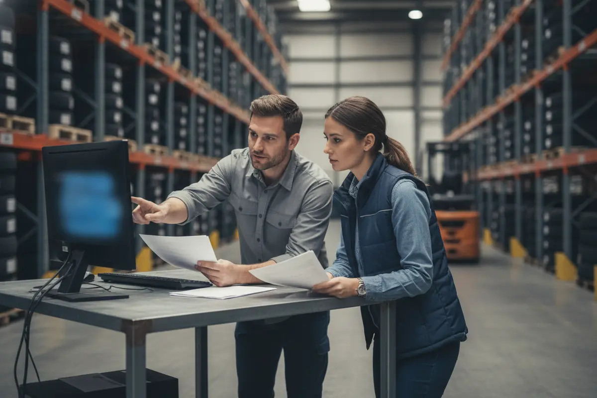 Distribution employees reviewing a return record before a credit decision