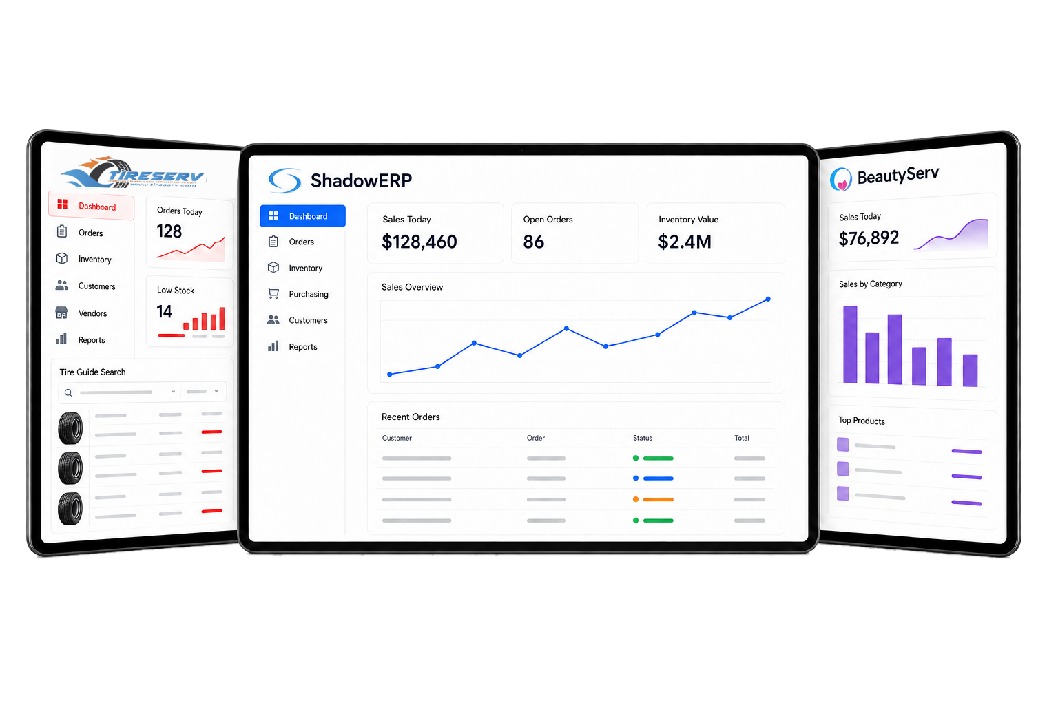 TireServ, ShadowERP, and BeautyServ dashboards on tablets