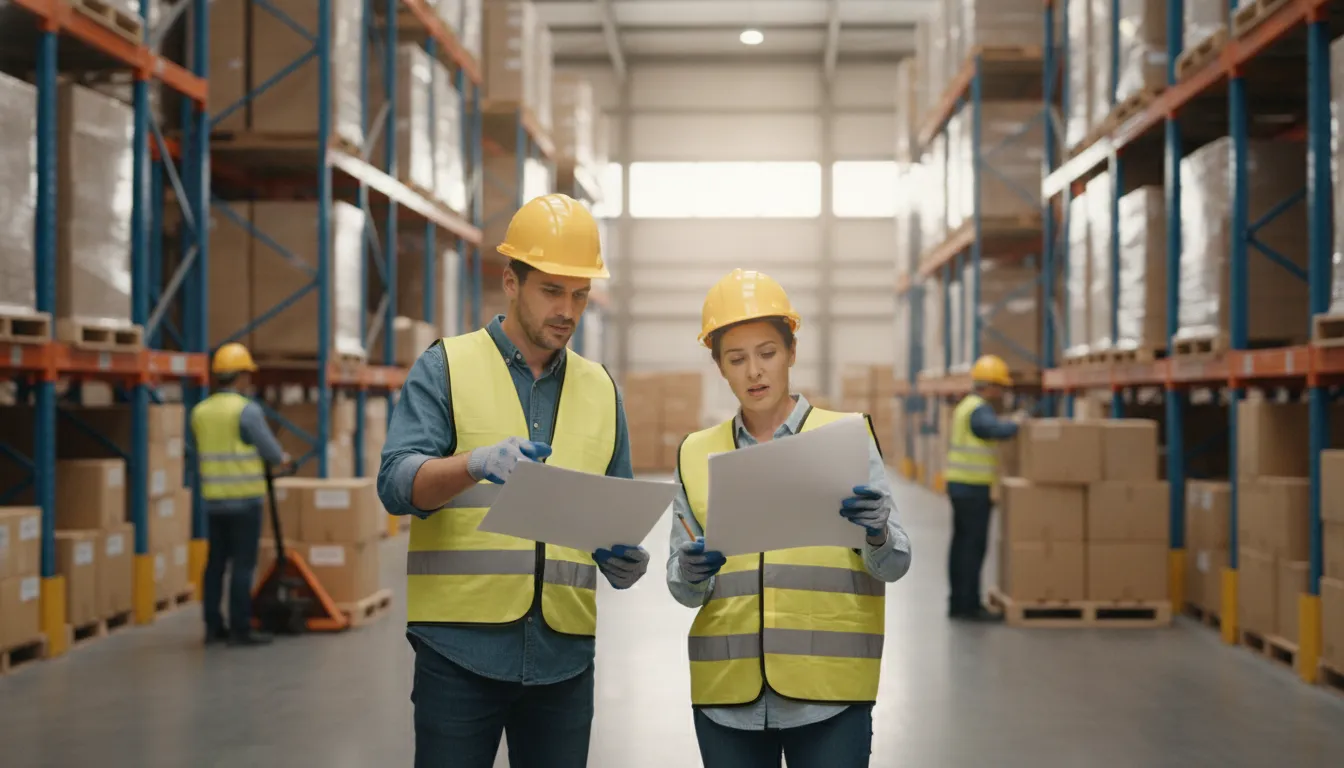 Warehouse staff comparing paper inventory records in a distribution facility