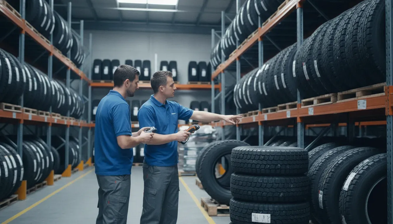 Warehouse staff reviewing tire inventory during a QBC TireServ demo workflow
