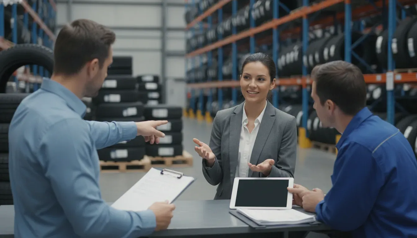 Tire distributor team discussing customer order handoffs during a QBC TireServ demo